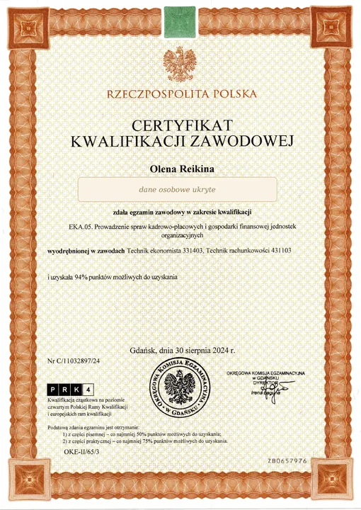 Certyfikat kwalifikacji zawodowej EKA.05 — Olena Reikina