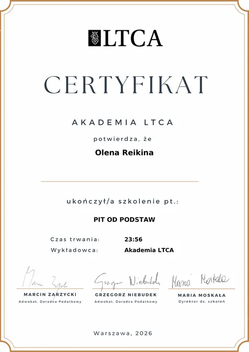 PIT od podstaw — certyfikat Olena Reikina