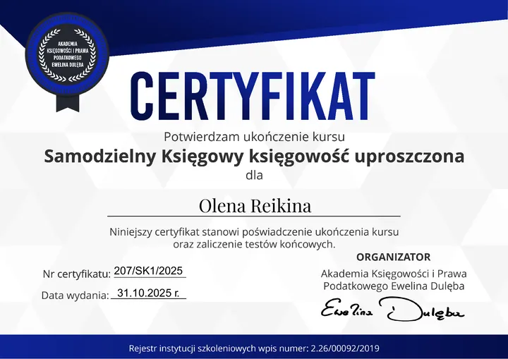 Samodzielny Księgowy — księgowość uproszczona — certyfikat Olena Reikina